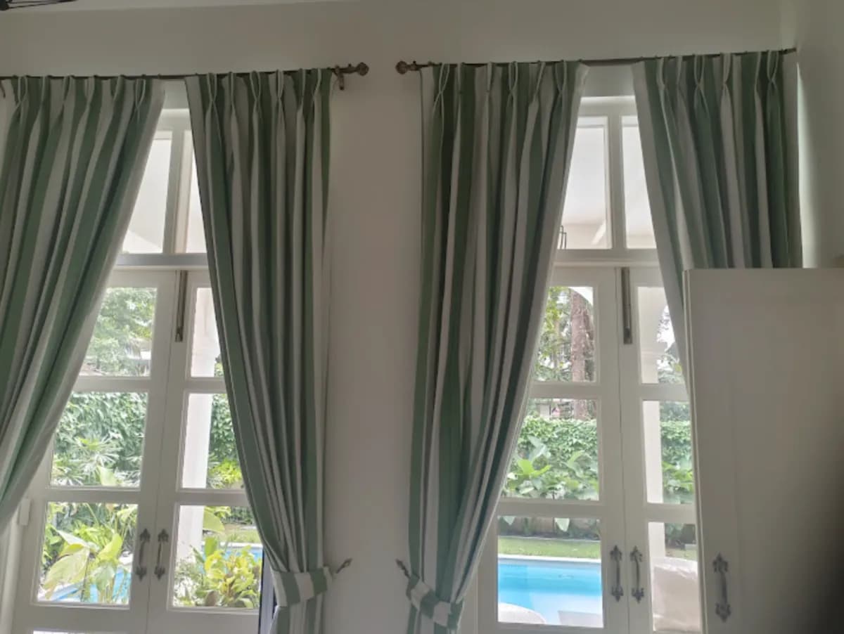 Green & White Striped Pinch Pleat Curtains for a Vasco residence