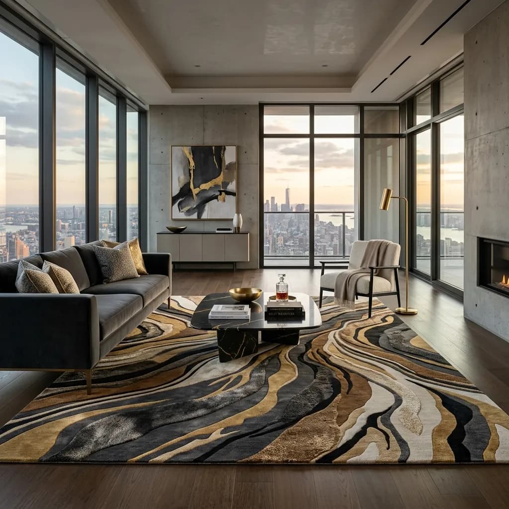 Modern living room with a large area rug anchoring the sofa and coffee table