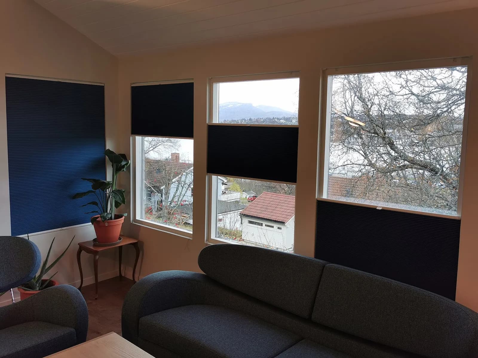 Living room windows with dark cellular shades set at different heights