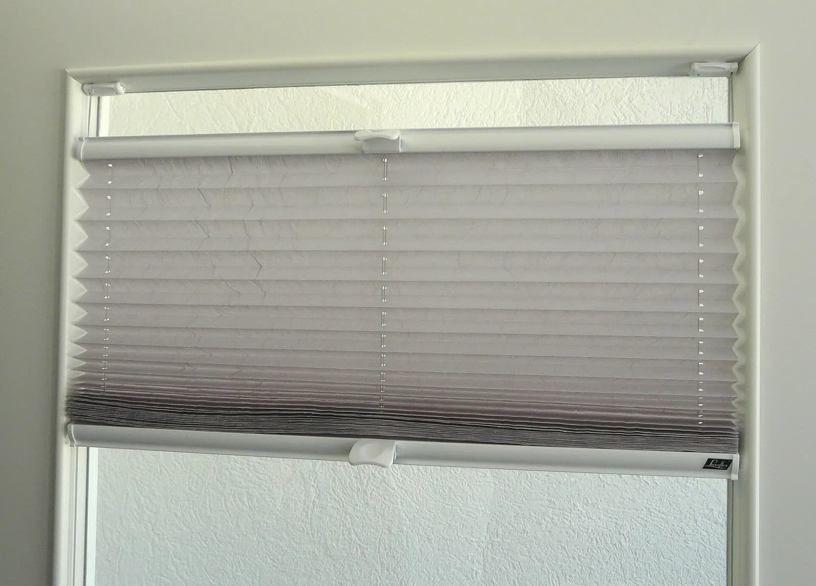 Pleated cellular blind half lowered on a window