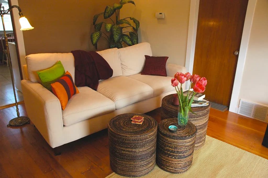 Living room with a wooden floor, sofa and rug