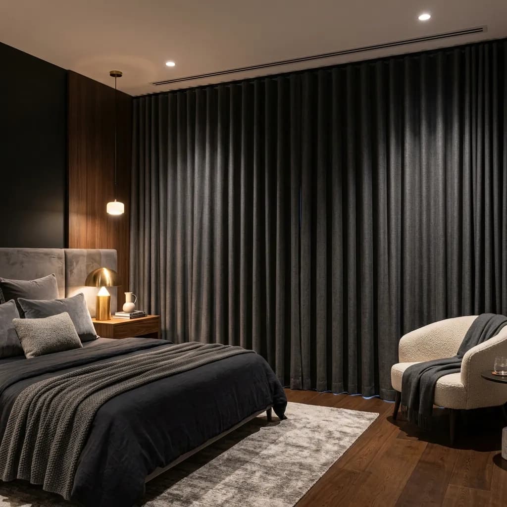 Modern bedroom with double-track sheer + blackout curtains for perfect light control